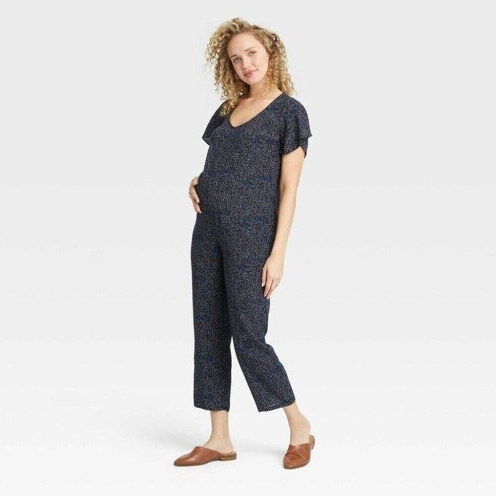 The Nines by Hatch Black Blue Ditzy Floral Casual Short Sleeve Jumpsuit Size S